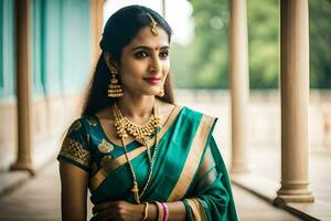 a beautiful indian woman in a green sari. AI-Generated photo