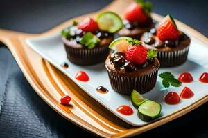 three chocolate cupcakes with strawberries and cucumber on a plate. AI-Generated photo