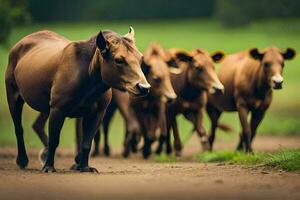 un manada de marrón vacas caminando en un suciedad la carretera. generado por ai foto