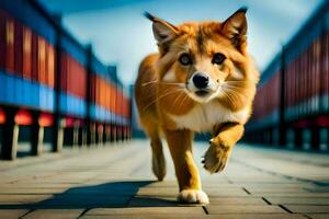 un perro caminando en un acera con un tren en el antecedentes. generado por ai foto