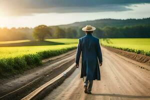 un hombre en un sombrero camina abajo un suciedad la carretera. generado por ai foto