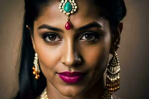 un hermosa indio mujer con joyería y constituir. generado por ai foto