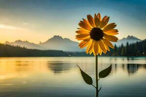 a sunflower stands in front of a lake at sunset. AI-Generated photo