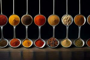spoons with different types of spices in them. AI-Generated photo
