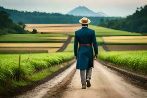 un hombre en un azul traje y sombrero camina abajo un suciedad la carretera. generado por ai foto