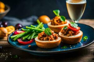 three mini stuffed breadsticks with meat and vegetables on a blue plate. AI-Generated photo