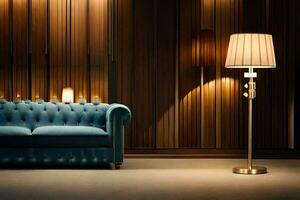 a blue couch and lamp in a room. AI-Generated photo