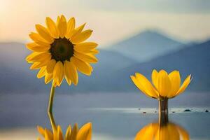 sunflower, water, reflection, mountains, reflection, the sun, the mountains, the reflection. AI-Generated photo