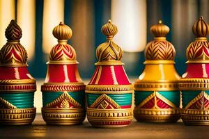 five colorful vases with gold and red decorations. AI-Generated photo