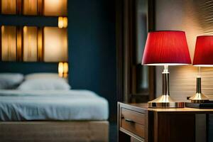 two lamps sit on a nightstand in a hotel room. AI-Generated photo