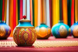 colorful vases on a table with colorful curtains. AI-Generated photo