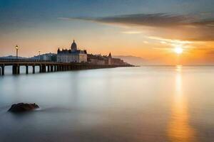 the sun sets over a pier and a building. AI-Generated photo