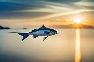 un pescado es volador terminado el Oceano a puesta de sol. generado por ai foto