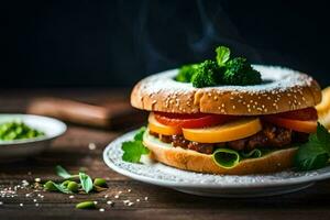 un hamburguesa con vegetales y queso en un lámina. generado por ai foto