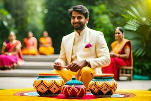 a man in a white suit sits on a table with colorful pots. AI-Generated photo