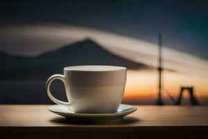 coffee cup on a table with mountains in the background. AI-Generated photo