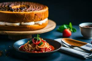 a cake with spaghetti and strawberries on a plate. AI-Generated photo