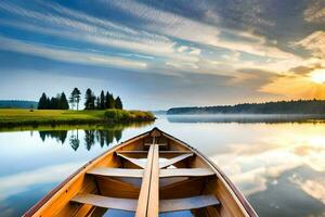 a canoe is floating on the calm water at sunset. AI-Generated photo