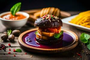 a burger with a purple sauce and vegetables. AI-Generated photo