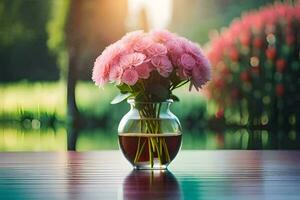 pink flowers in a vase on a table in front of a lake. AI-Generated photo