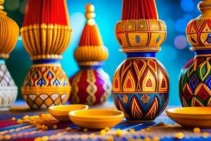 many colorful vases with colorful decorations on a table. AI-Generated photo