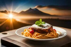 spaghetti with meat and cheese on a plate with a mountain in the background. AI-Generated photo