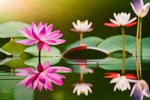 pink lotus flowers in the water with green leaves. AI-Generated photo