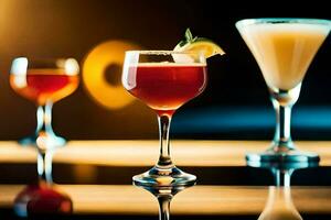 three different cocktails are shown on a table. AI-Generated photo