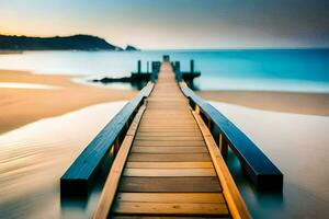 a long exposure photo of a wooden bridge over the ocean. AI-Generated