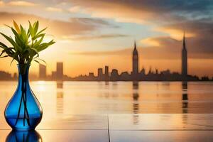 a blue vase with a flower on the table in front of the city skyline. AI-Generated photo