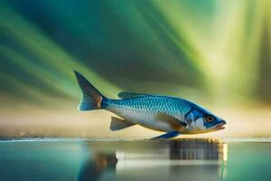 a fish is standing on the water with a bright light behind it. AI-Generated photo