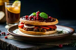 un hamburguesa con Tomates y arándanos en un lámina. generado por ai foto