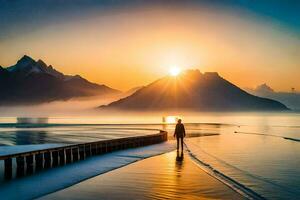 a person walking on a pier at sunset with mountains in the background. AI-Generated photo