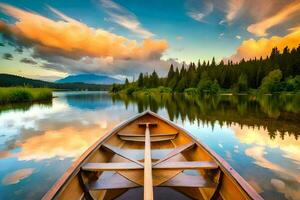 a boat on a lake with a sky and trees. AI-Generated photo