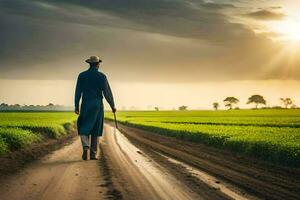 a man walking down a dirt road in a field. AI-Generated photo