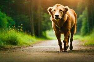 un marrón perro caminando abajo un la carretera en el medio de un bosque. generado por ai foto