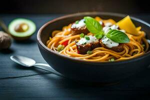 a bowl of spaghetti with meatballs and vegetables. AI-Generated photo