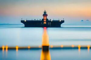 un largo exposición fotografía de un faro en el agua. generado por ai foto