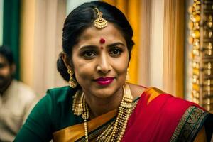 a woman in a red sari with gold jewelry. AI-Generated photo