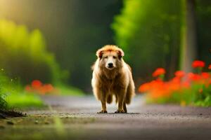 a dog is standing on a road in the middle of a field. AI-Generated photo