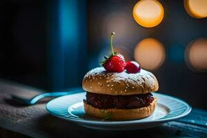 a hamburger with a cherry on top sits on a plate. AI-Generated photo