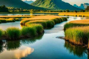 the river is flowing in the middle of the mountains. AI-Generated photo