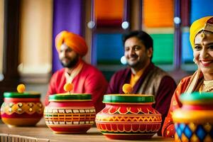 a couple in indian attire sitting at a table with colorful pots. AI-Generated photo