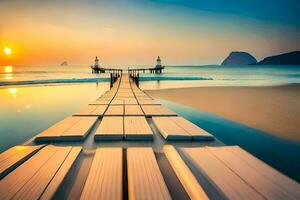 un de madera muelle Guías a el Oceano a puesta de sol. generado por ai foto