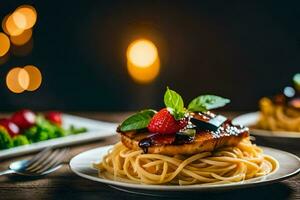 two plates with spaghetti and meat on them. AI-Generated photo