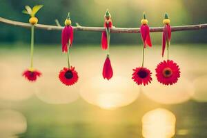 red flowers hanging from a branch over water. AI-Generated photo