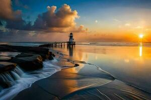 a lighthouse stands on the shore of a beach at sunset. AI-Generated photo