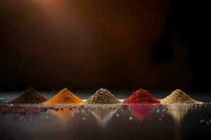 a row of spices on a black background. AI-Generated photo