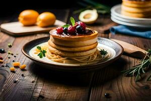 stack of pancakes with berries and herbs on a wooden table. AI-Generated photo