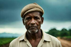 un hombre en un sombrero soportes en un campo. generado por ai foto